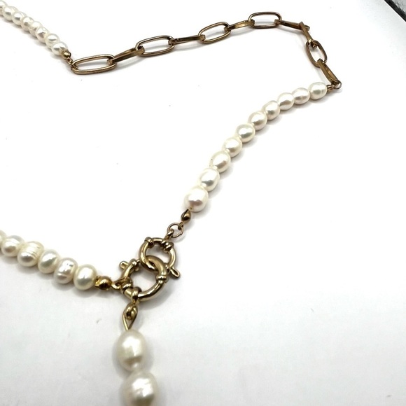 Pearl and Paperclip Chain Necklace Double Señorita Clasp GoldTone Long Lariat - Picture 14 of 15